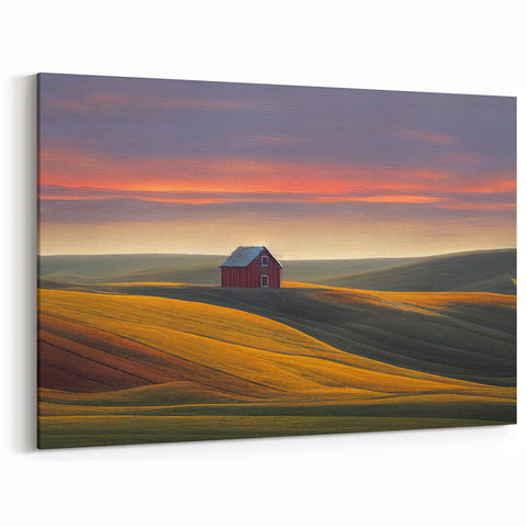 Palouse Region Art - Red Barn at Sunset on Rolling Hills Canvas or Acrylic