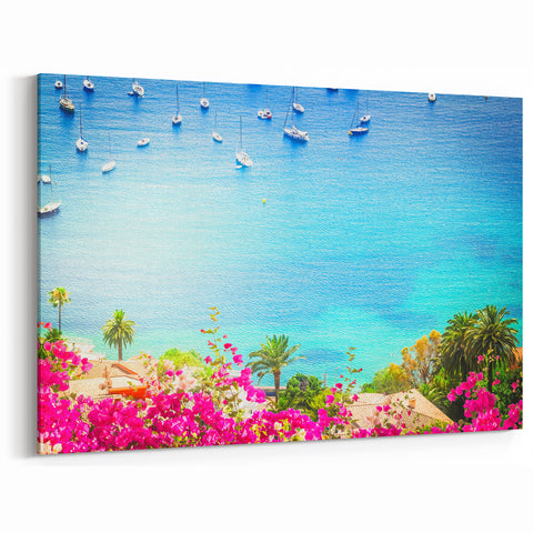 Mediterranean Landscape Art - Bougainvillea and Sailboats on French Coast