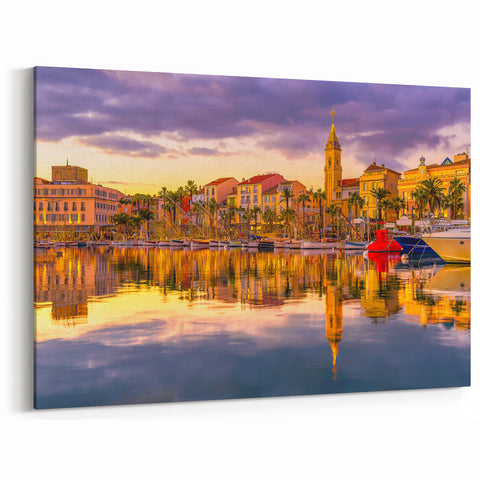 French Riviera Art - Sunset Reflections in Coastal Provence Harbor