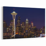Seattle Canvas Art - Nighttime Seattle Skyline with Iconic Landmarks