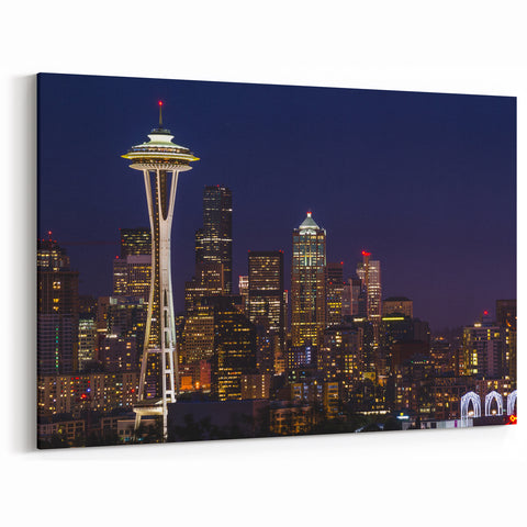 Seattle Canvas Art - Nighttime Seattle Skyline with Iconic Landmarks