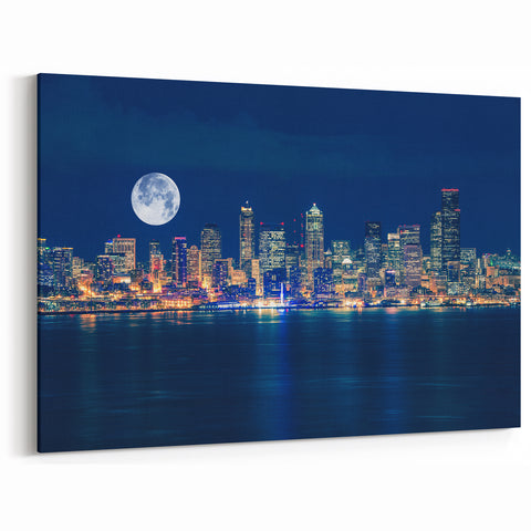 Seattle Skyline Wall Art - Full Moon Over Seattle Cityscape Print