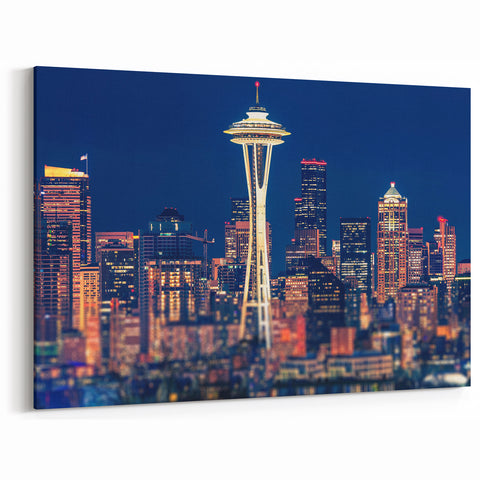 Seattle Skyline Wall Art - Vibrant Nighttime Cityscape with Space Needle