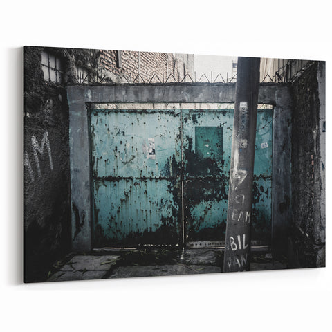 Masonry Wall Art - Weathered Industrial Gate on Distressed Wall Canvas Print