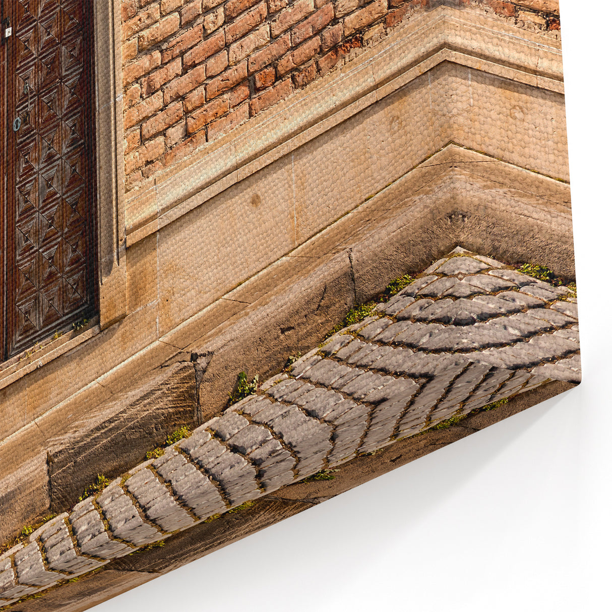 Masonry Wall Art - Ornate Wooden Door on Brick and Stone Wall Canvas Print