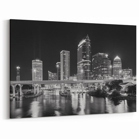 Black and White Tampa Skyline Art – Classic Night Cityscape Wall Art