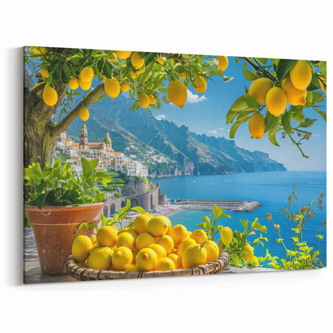 Amalfi Coast Canvas Prints - Italy Coastal Art with Lemons and Sea View