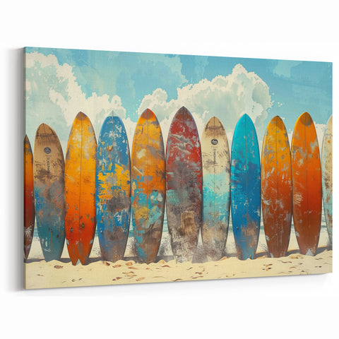 Hawaiian Island Art – Vibrant Surfboards on Beach Canvas & Framed Print