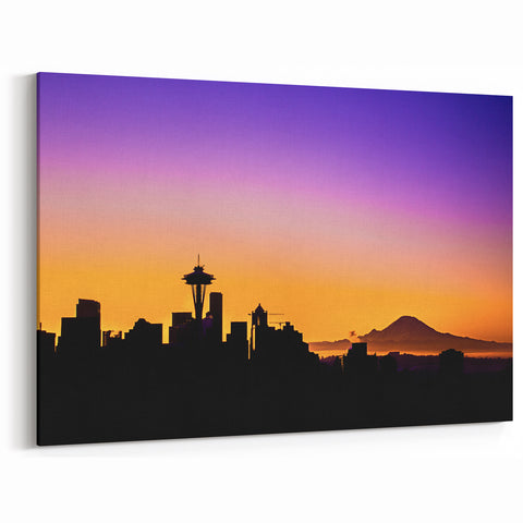 Seattle Skyline Art - Majestic Sunset Cityscape with Mount Rainier