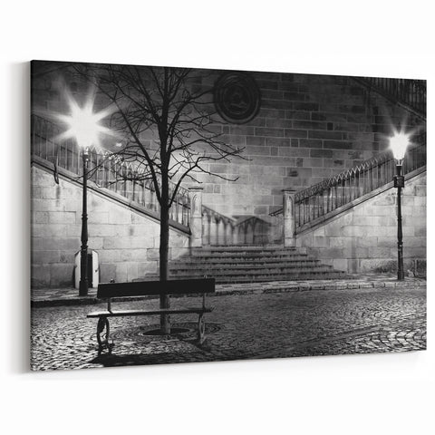 Elegant Masonry Wall Art - Black and White Night Scene on Canvas & Prints