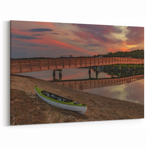 Wellington Harbor Art - Kayak and Wooden Bridge Sunset Photography Print