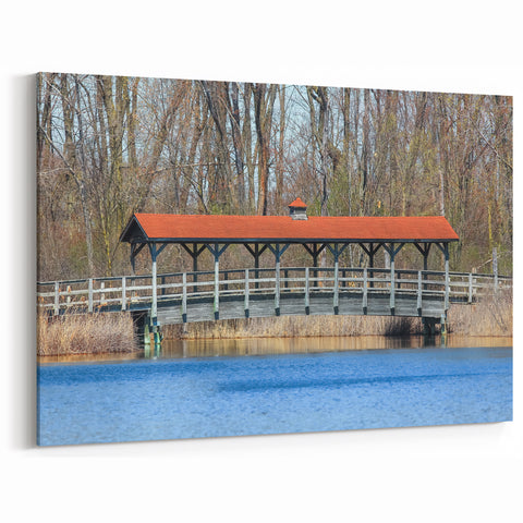 Covered Bridge Wall Art – Tranquil Lake Scene Canvas & Framed Prints