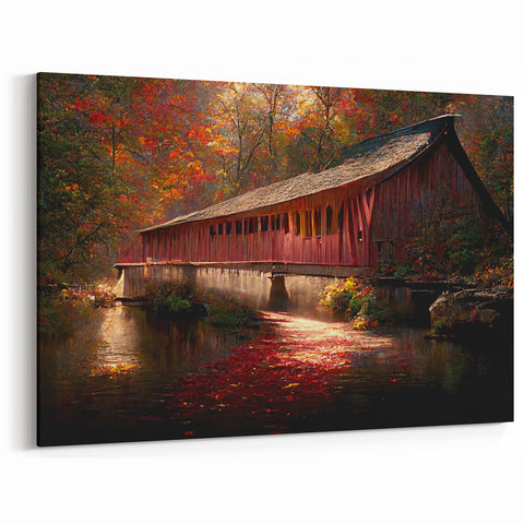 Autumn Covered Bridge Wall Art – Rustic Landscape Canvas & Prints