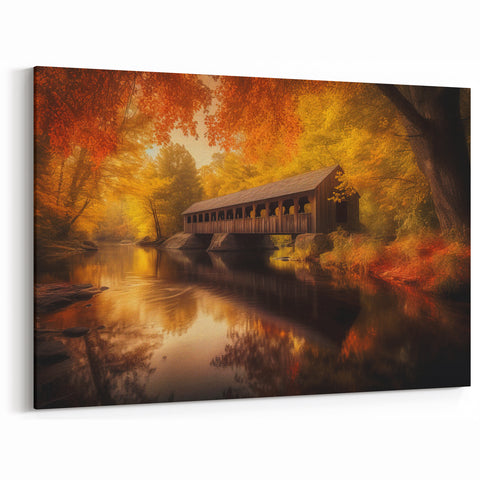 Serene Autumn Covered Bridge Wall Art – Tranquil Canvas & Prints