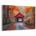 Red Covered Bridge Wall Art – Vibrant Autumn Landscape Canvas Prints