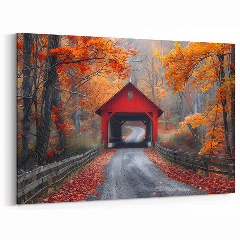 Red Covered Bridge Wall Art – Vibrant Autumn Landscape Canvas Prints