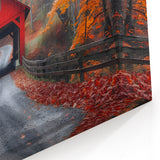Red Covered Bridge Wall Art – Vibrant Autumn Landscape Canvas Prints