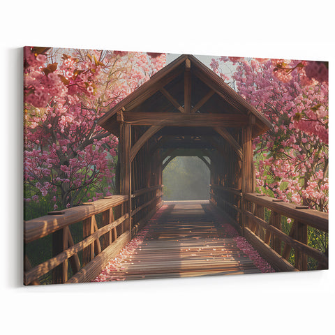 Cherry Blossom Covered Bridge Wall Art – Serene Spring Canvas Prints