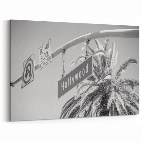 Black and White Hollywood Street Sign with Palm Trees - Classic Wall Art