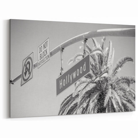 Black and White Hollywood Street Sign with Palm Trees - Classic Wall Art