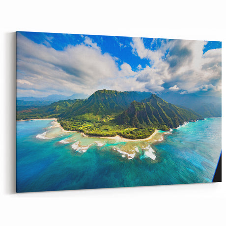 Hawaiian Island Art – Aerial View of Kauai Coastline & Framed Canvas
