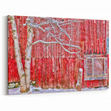 Vermont Scenic Art - Snowy Birch Trees by a Rustic Red Barn Canvas Print