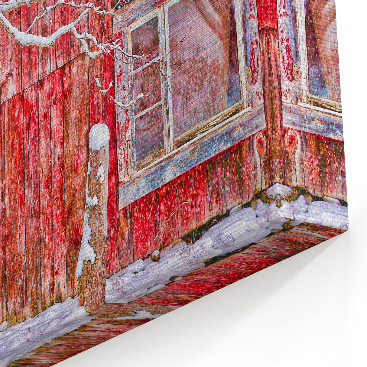 Vermont Scenic Art - Snowy Birch Trees by a Rustic Red Barn Canvas Print