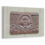 Masonry Wall Art - Rustic Wooden Carved Face Relief on Stone Canvas Print