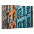 Masonry Wall Art - Colorful Brick Building Facade with Blue Accents Print