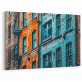 Masonry Wall Art - Colorful Brick Building Facade with Blue Accents Print