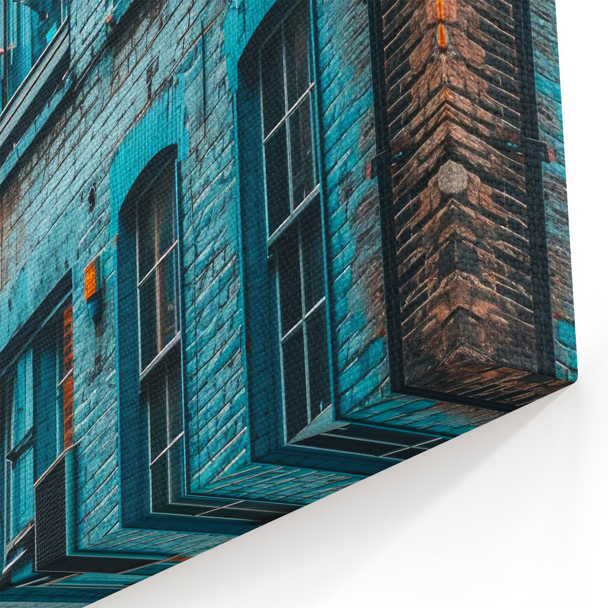 Masonry Wall Art - Colorful Brick Building Facade with Blue Accents Print