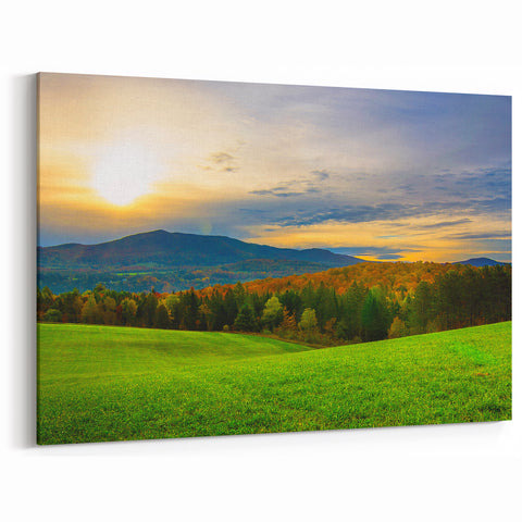 Vermont Scenic Sunset Art - Green Hills and Autumn Mountains Canvas Print