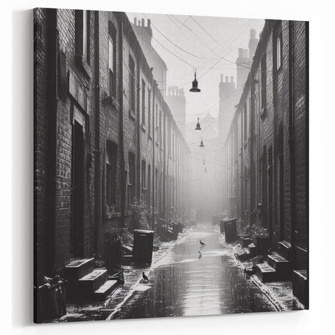 Masonry Wall Art - Rainy Black and White Urban Alleyway Canvas Print