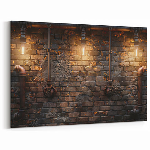 Industrial Masonry Wall Art - Rustic Pipe and Brick Canvas Print Decor