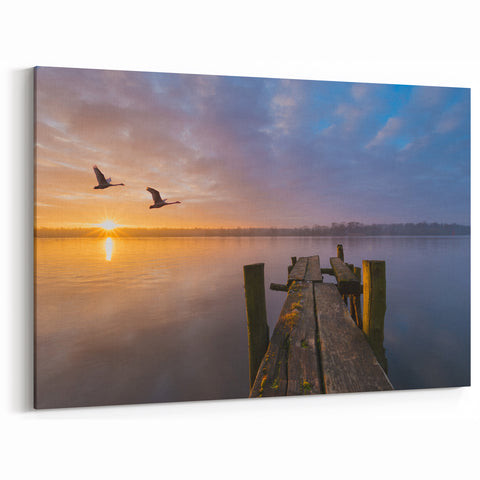 Vermont Lake Sunset Art - Serene Dock and Birds Scenic Canvas Print