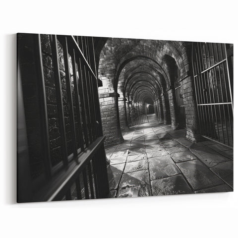 Gothic Masonry Wall Art - Black & White Arched Corridor Canvas Print