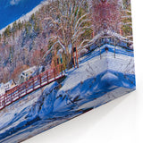 Vermont Winter Village Art - Snowy Bridge and Blue Sky Canvas Print