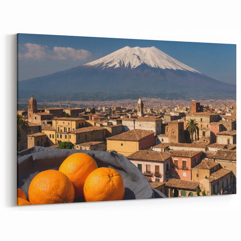 Mount Etna Canvas Print - Sicilian Village with Volcano and Oranges