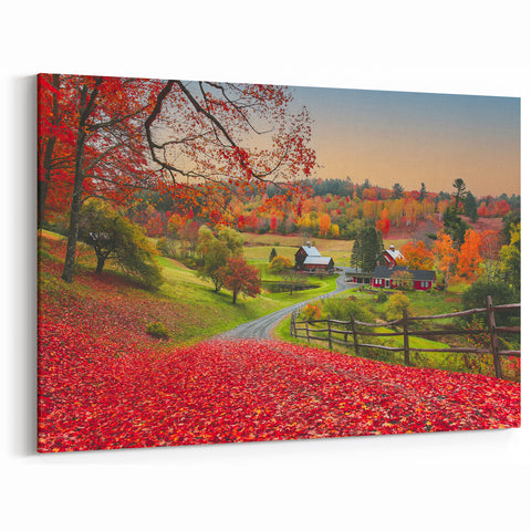Vermont Nature Art - Autumn Farm Scene with Red Leaves Vermont Landscape Print