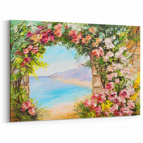 Naples Coastal Art Prints – Floral Archway with Sea View on Canvas