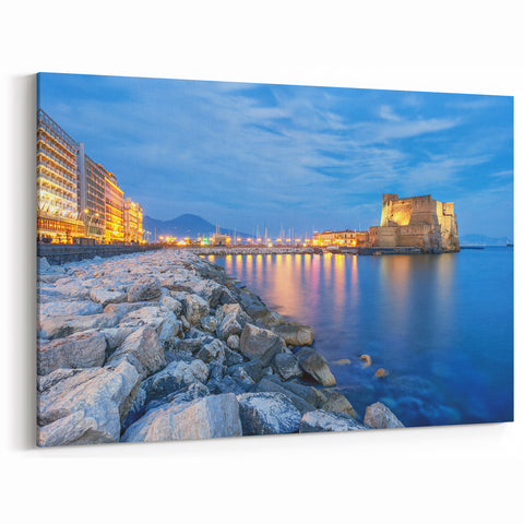 Naples Cityscape Art – Coastal Night View with Historic Castle Print