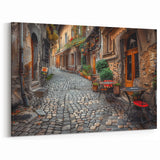 Italian Scenery Art - Rustic Cobblestone Street with Café Canvas Print