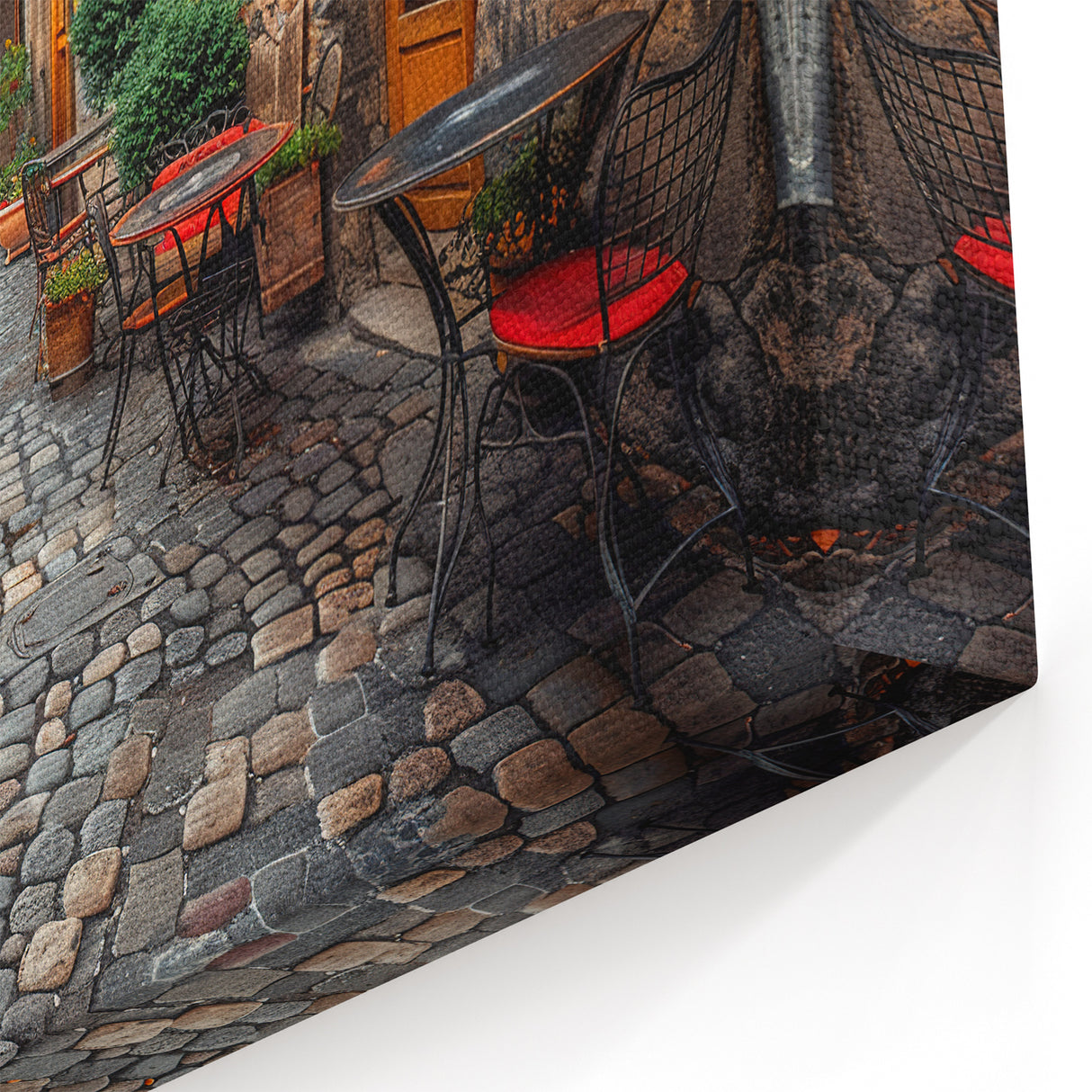 Italian Scenery Art - Rustic Cobblestone Street with Café Canvas Print