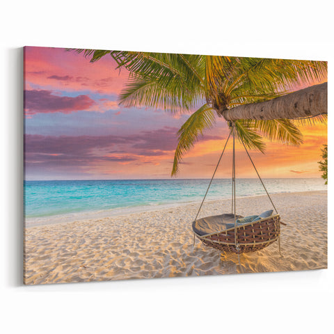 Oahu Sunset Art – Tropical Beach Swing at Sunset Print for Island Decor