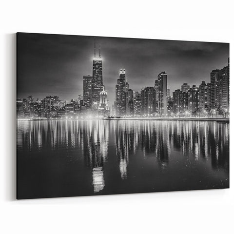 Chicago Skyline Art - Black and White Nighttime Cityscape Print