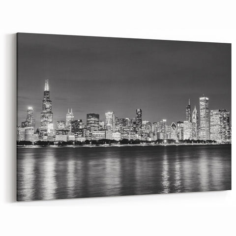 Chicago Photography Prints - Black and White Nighttime Skyline View