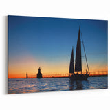 Lake Michigan Wall Art - Sunset Sailboat and Lighthouse Photography