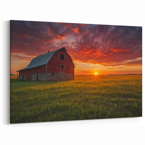 Iowa Scenery Prints - Red Barn at Sunset in Rural Iowa Landscape Canvas Prints