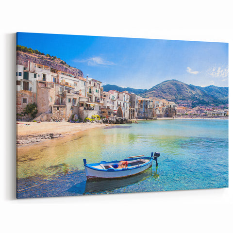 Italian Scenery Prints - Coastal Village and Boat in Sicily