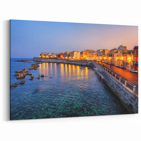 Sicily Landscape Art - Evening Lights Along Sicilian Seafront
